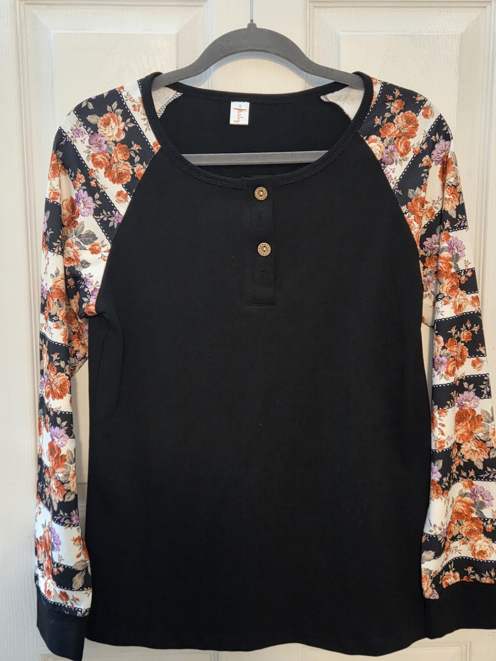 Black Henley Long Sleeve Top with Floral Raglan Sleeves